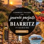 Vue panoramique sur la plage de Biarritz avec des baigneurs et des surfeurs.