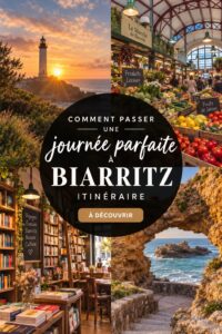 Vue panoramique sur la plage de Biarritz avec des baigneurs et des surfeurs.