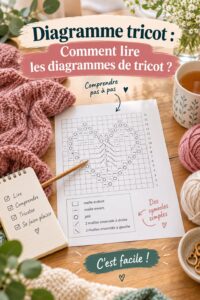 Une personne lisant un diagramme de tricot sur une table avec des pelotes de laine