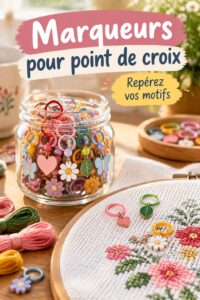 Une sélection de marqueurs colorés pour point de croix sur une table de création.