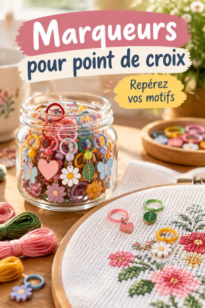 Une sélection de marqueurs colorés pour point de croix sur une table de création.