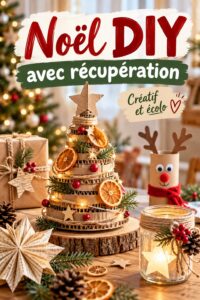 Décoration de Noël DIY faite avec des matériaux récupérés, créant une ambiance chaleureuse.