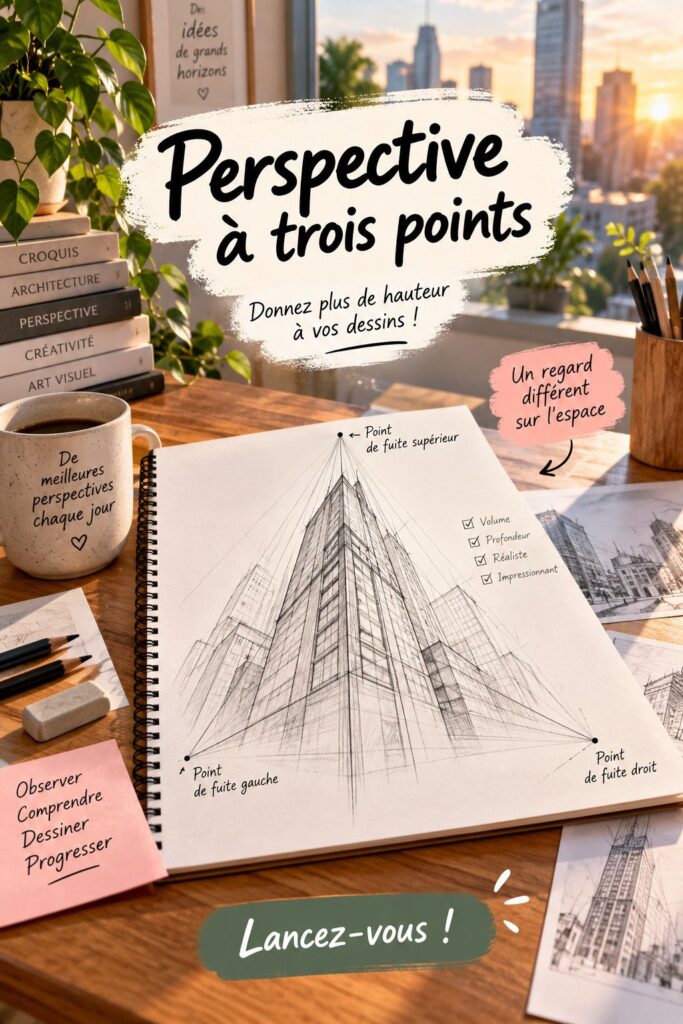 Technique de dessin illustrant la perspective à trois points