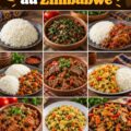 Illustration de plats traditionnels du Zimbabwe, mettant en avant le sadza et les viandes grillées.