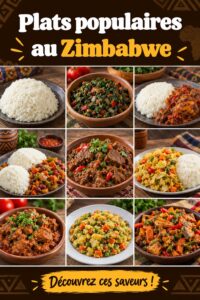 Illustration de plats traditionnels du Zimbabwe, mettant en avant le sadza et les viandes grillées.