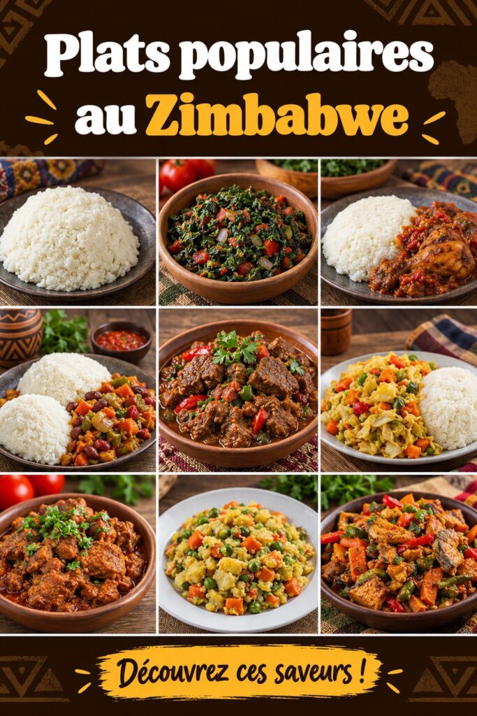 Illustration de plats traditionnels du Zimbabwe, mettant en avant le sadza et les viandes grillées.