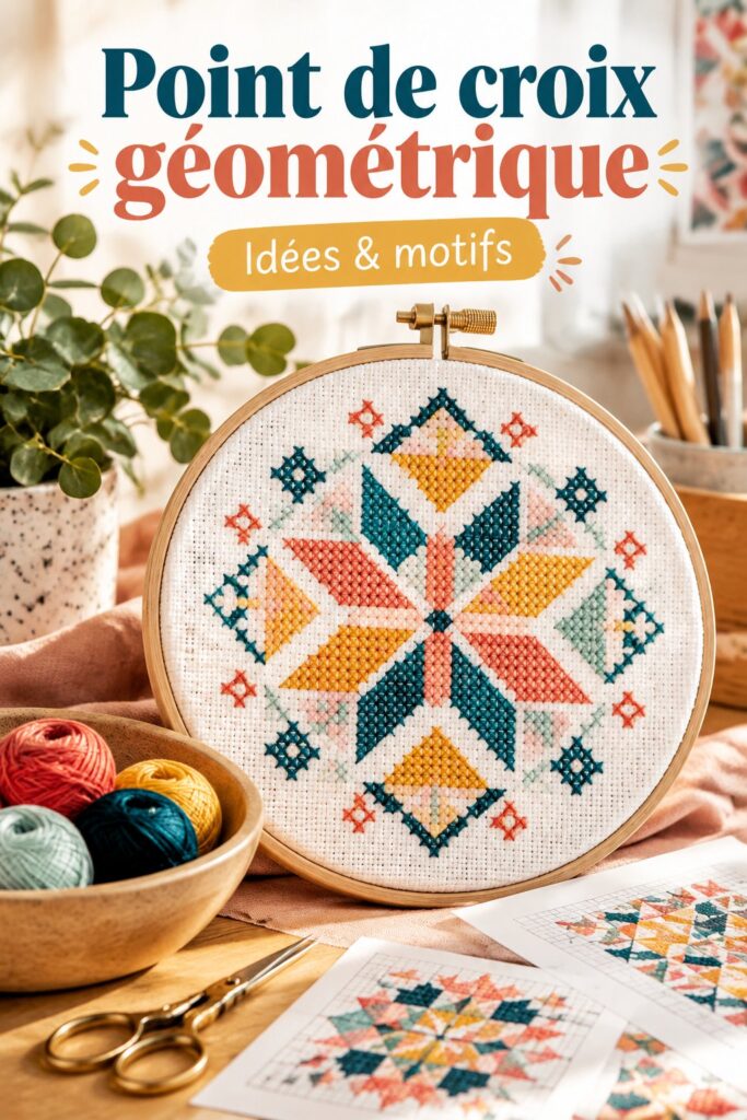 Tissu avec un motif en point de croix géométrique coloré.