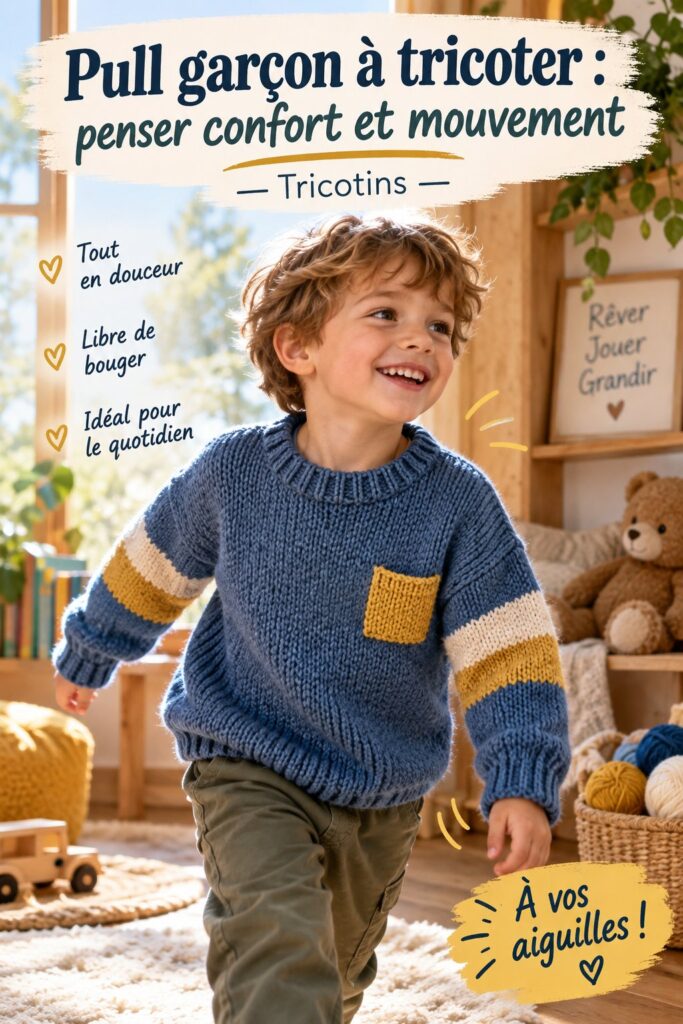 Pull tricoté pour garçon, confortable et pratique, mettant en avant les matières douces.