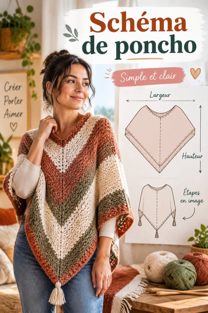 Poncho fait main coloré sur un fond clair, illustrant un projet de couture créatif.