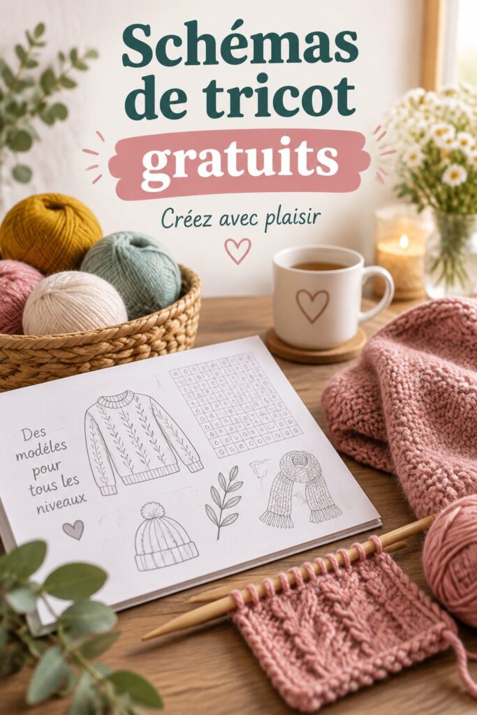 Un assortiment de modèles de tricot gratuits sur une table en bois