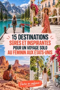 Femme explorant une ville américaine en solo, entourée de paysages urbains diversifiés.