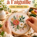 Femme souriante brodant à l'aiguille un motif sur un tissu coloré