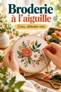Femme souriante brodant à l'aiguille un motif sur un tissu coloré