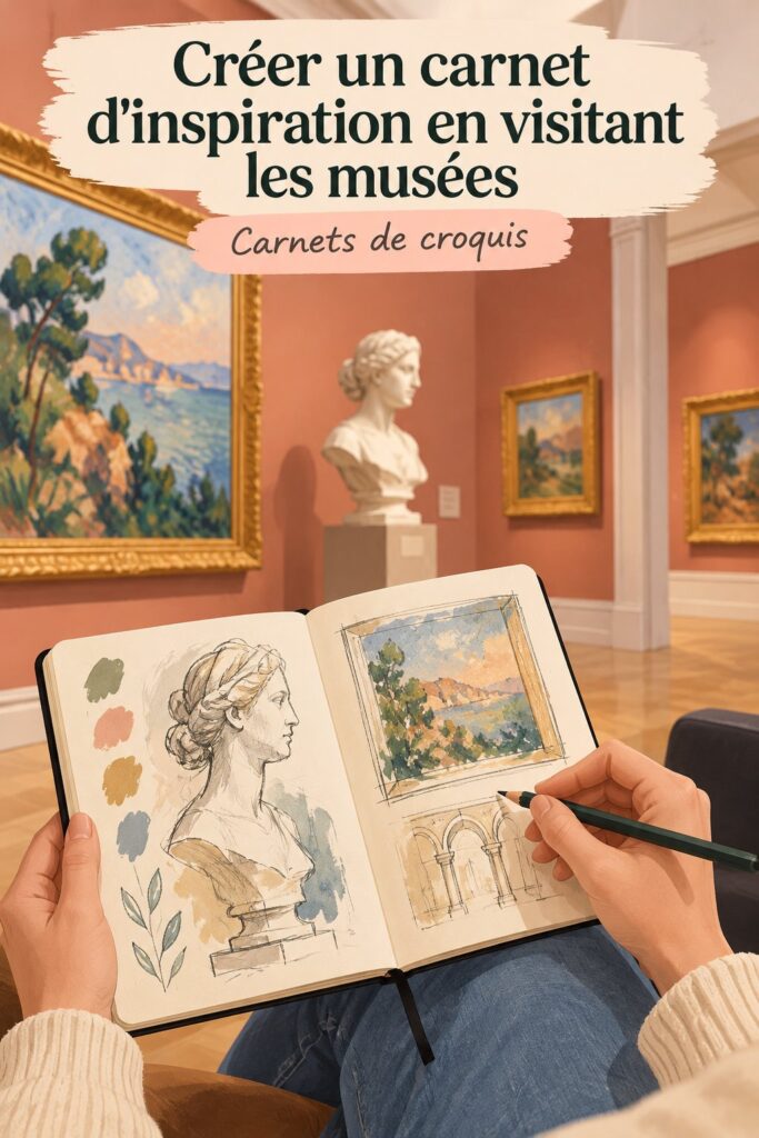 Un carnet d'inspiration ouvert avec des croquis de musées