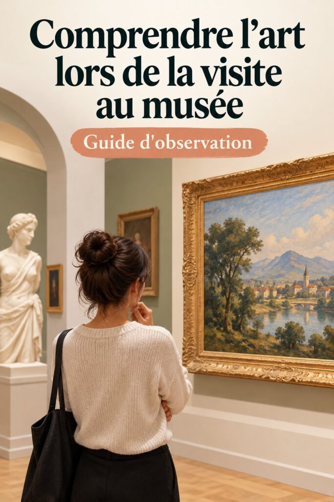 Une femme explorant des œuvres d'art lors d'une visite au musée, regardant attentivement une peinture.