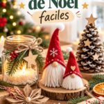 Créations de Noël faites main sur une table en bois, y compris des guirlandes et des ornements