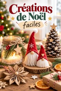 Créations de Noël faites main sur une table en bois, y compris des guirlandes et des ornements