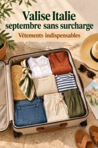 Femme souriante préparant sa valise pour l'Italie en septembre avec des vêtements élégants
