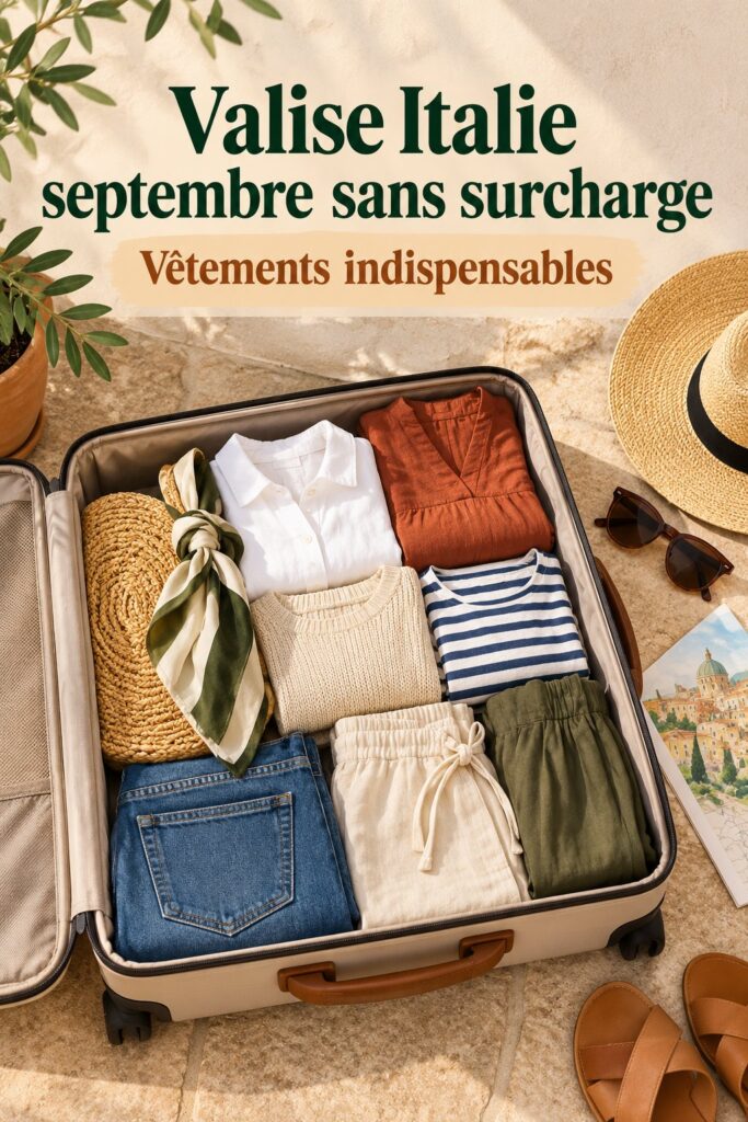 Femme souriante préparant sa valise pour l'Italie en septembre avec des vêtements élégants
