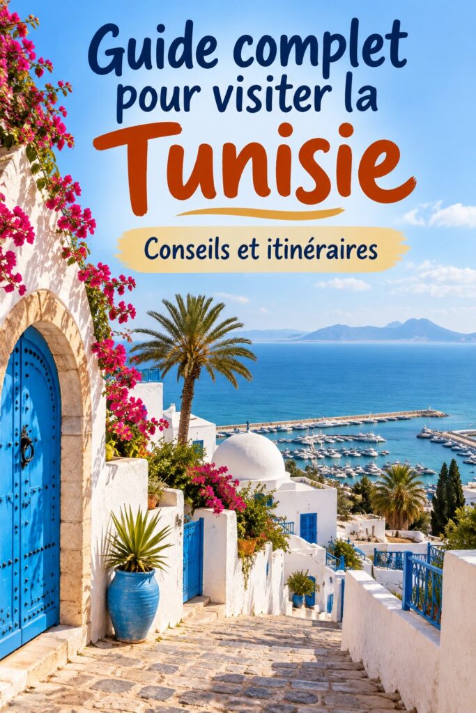 Vue panoramique des plages tunisiennes avec des palmiers en arrière-plan.