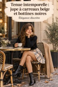 Un look automnal old money avec une veste noire, une jupe à carreaux et des bottes hautes.