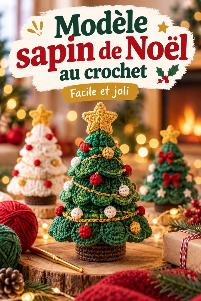 Sapin de Noël au crochet vert décoré dans un intérieur chaleureux