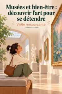 Une visite tranquille dans un musée d'art moderne, des œuvres inspirantes entourent la visiteuse.