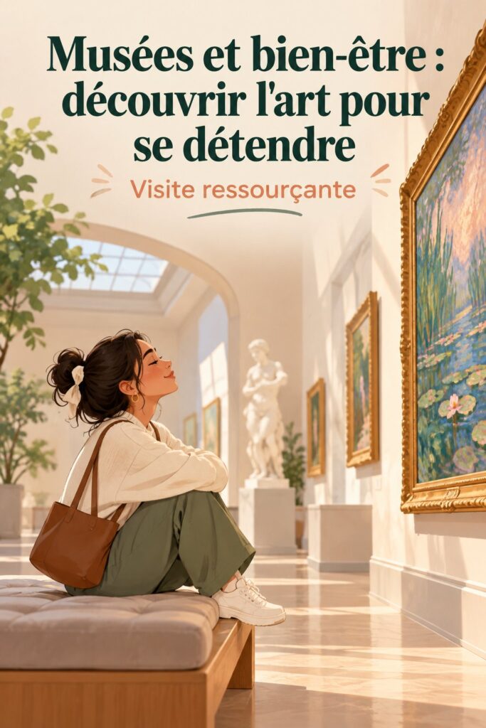 Une visite tranquille dans un musée d'art moderne, des œuvres inspirantes entourent la visiteuse.