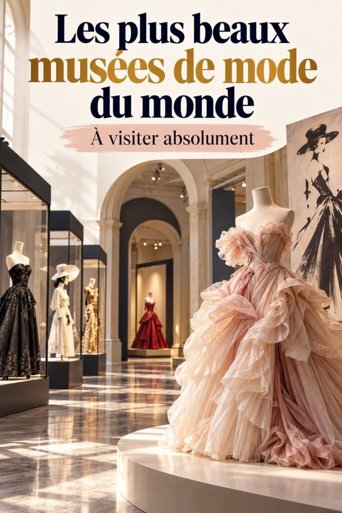 Vue d'un musée de mode avec des expositions textiles élégantes et des visiteurs fascinés.