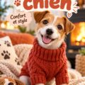 Pull tricoté pour chien sur un mannequin, couleur vive et motif amusant