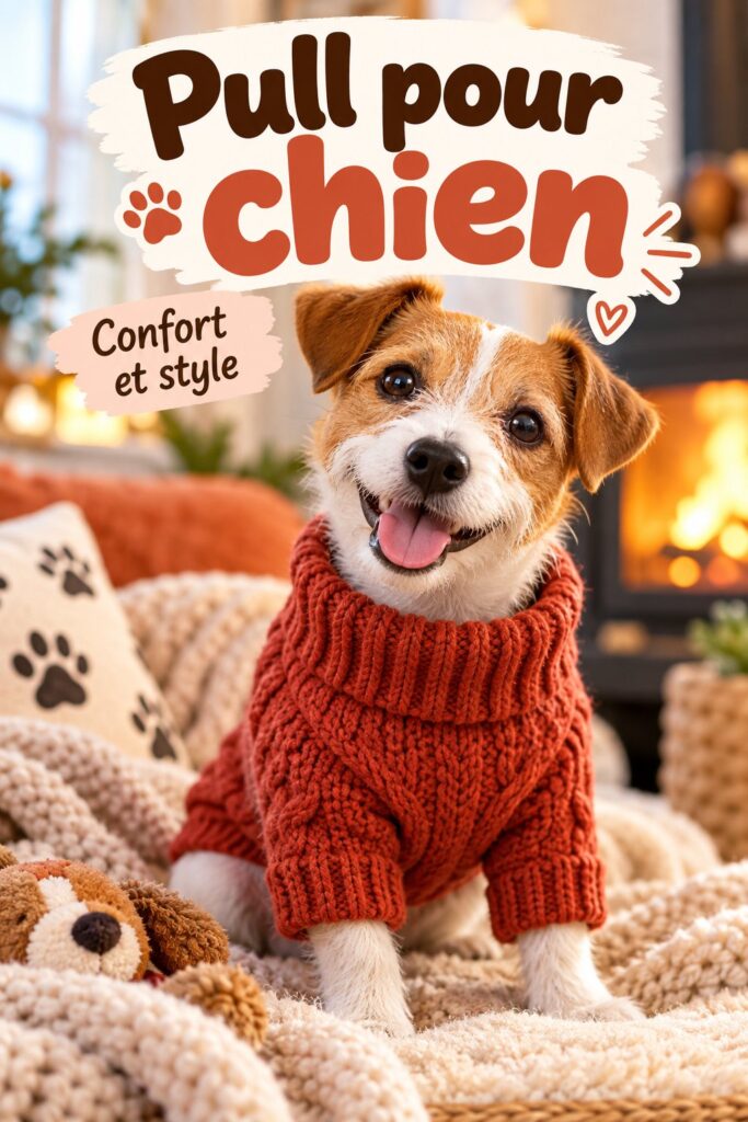 Pull tricoté pour chien sur un mannequin, couleur vive et motif amusant