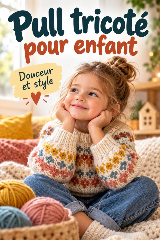 Pull tricoté coloré pour enfant porté par un enfant dans un parc