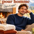 Une sélection de pulls pour hommes sur un banc en bois, montrant différents styles et couleurs.