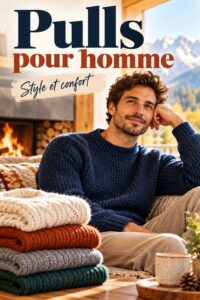 Une sélection de pulls pour hommes sur un banc en bois, montrant différents styles et couleurs.
