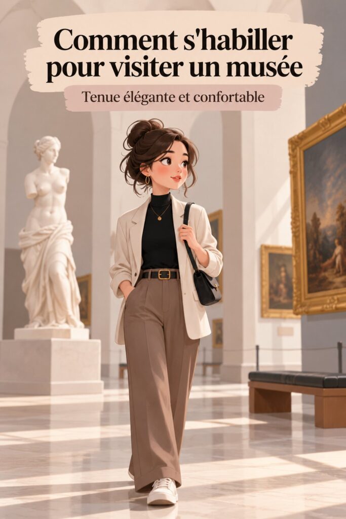 Femme élégamment habillée pour une visite au musée, combinant confort et style