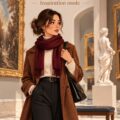 Femme portant une tenue automnale chic devant un musée, prête pour une visite culturelle.