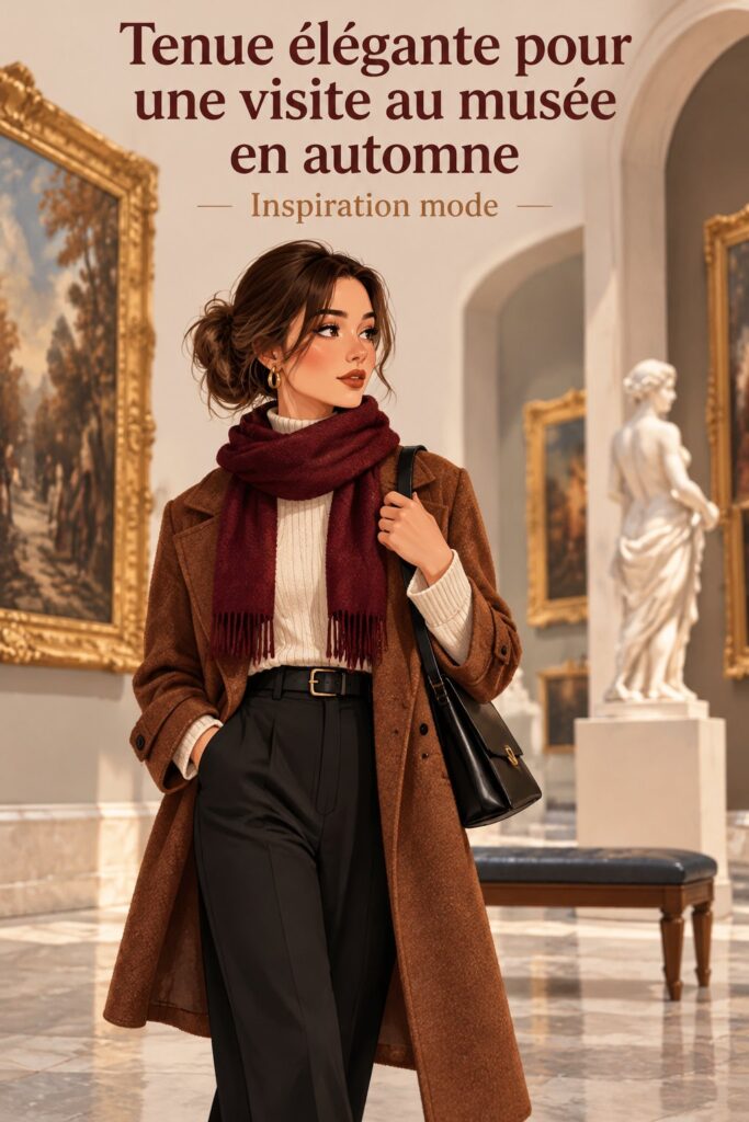 Femme portant une tenue automnale chic devant un musée, prête pour une visite culturelle.