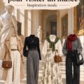 Femme en tenue élégante et confortable pour une visite de musée, entourée d'œuvres d'art.