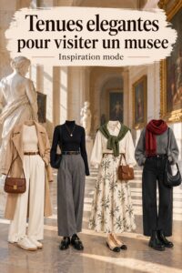Femme en tenue élégante et confortable pour une visite de musée, entourée d'œuvres d'art.