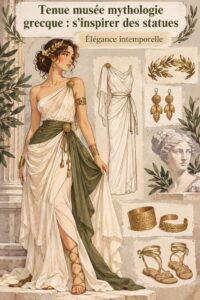 Femme élégamment habillée, inspirée par des statues grecques, pour une visite au musée.