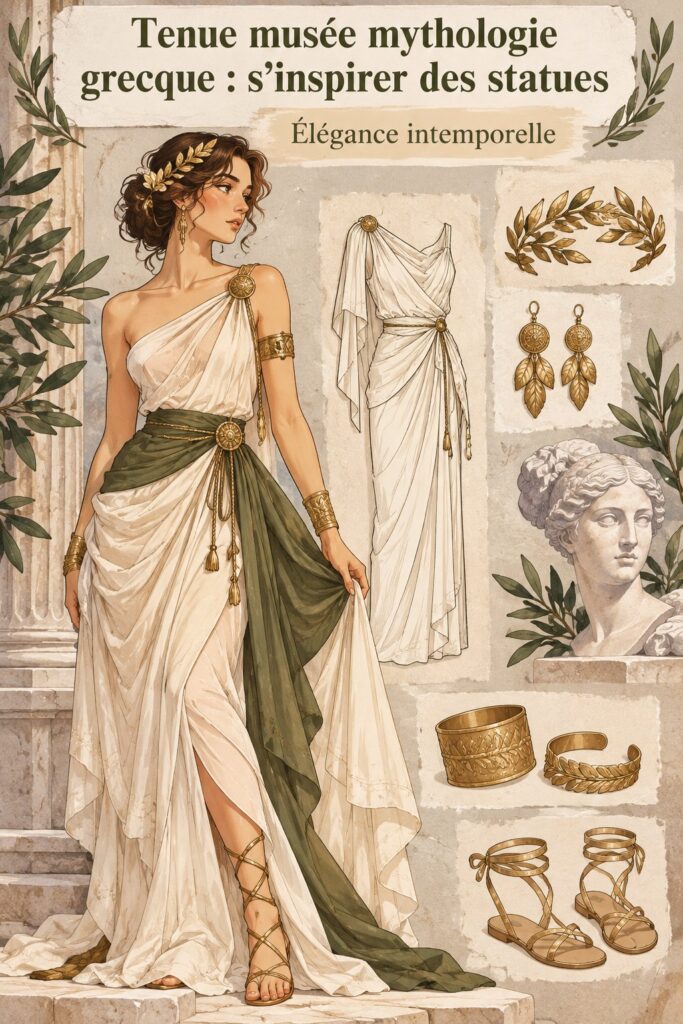 Femme élégamment habillée, inspirée par des statues grecques, pour une visite au musée.