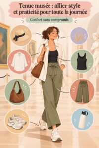 Femme élégamment vêtue avec un look confortable pour une visite au musée