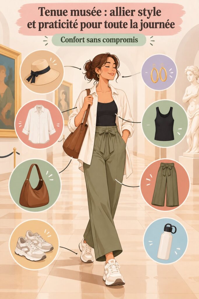 Femme élégamment vêtue avec un look confortable pour une visite au musée