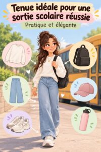 Femme stylée portant une tenue confortable pour une sortie scolaire.