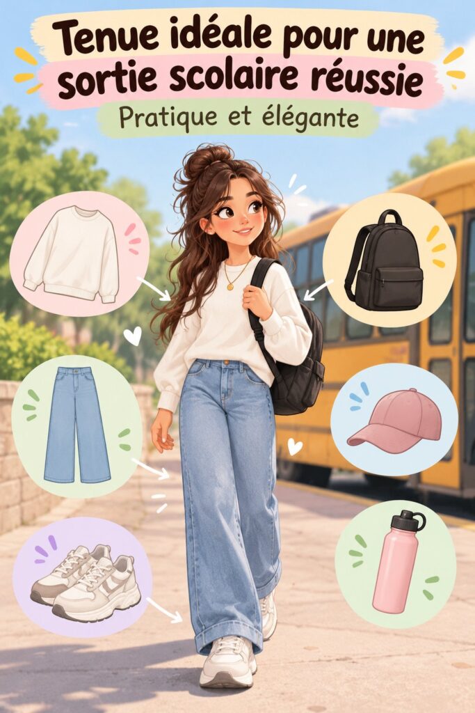 Femme stylée portant une tenue confortable pour une sortie scolaire.