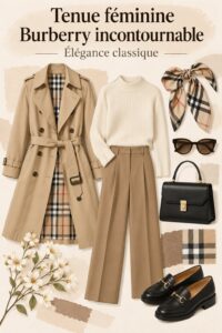 Une femme stylée portant une tenue inspirée de Burberry, alliant élégance et modernité.