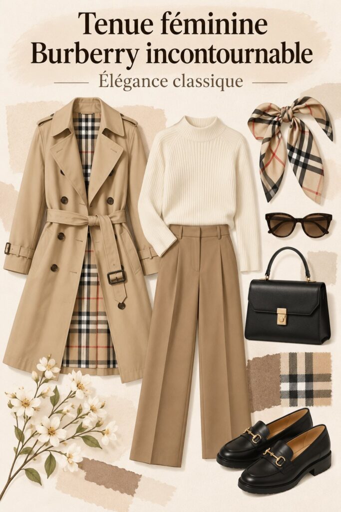 Une femme stylée portant une tenue inspirée de Burberry, alliant élégance et modernité.