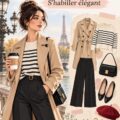 Une femme élégamment habillée se promenant dans les rues de Paris avec des pièces à petit prix.