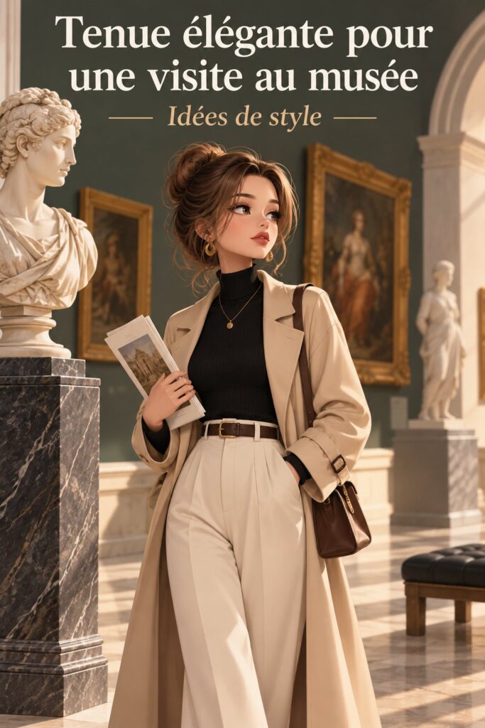 Femme élégante portant une tenue chic pour une visite au musée