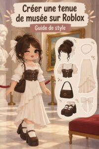Avatar Roblox avec une tenue chic devant un musée virtuel